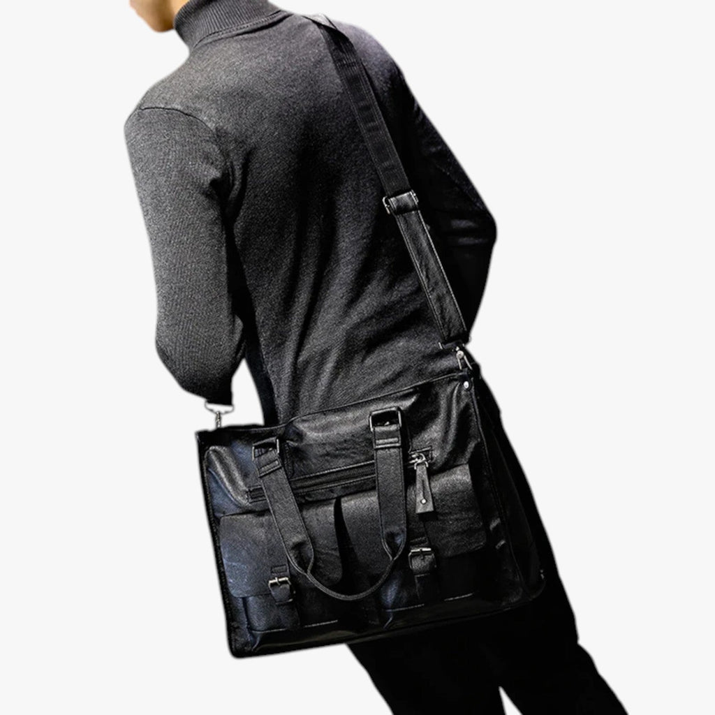 Zwarte PU-leren laptopschoudertas voor werk en reizen