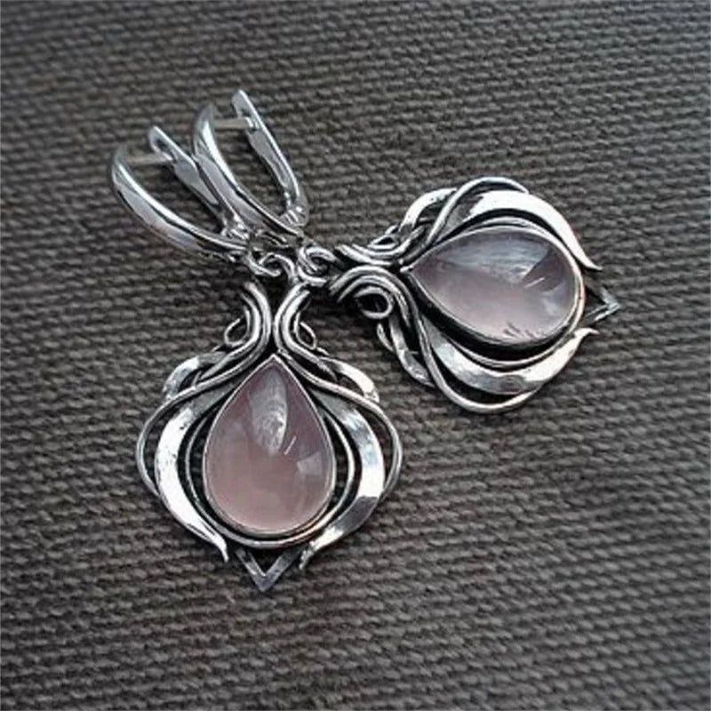 Vintage Victorian-Style Water Droplet Earrings with Pink Stones