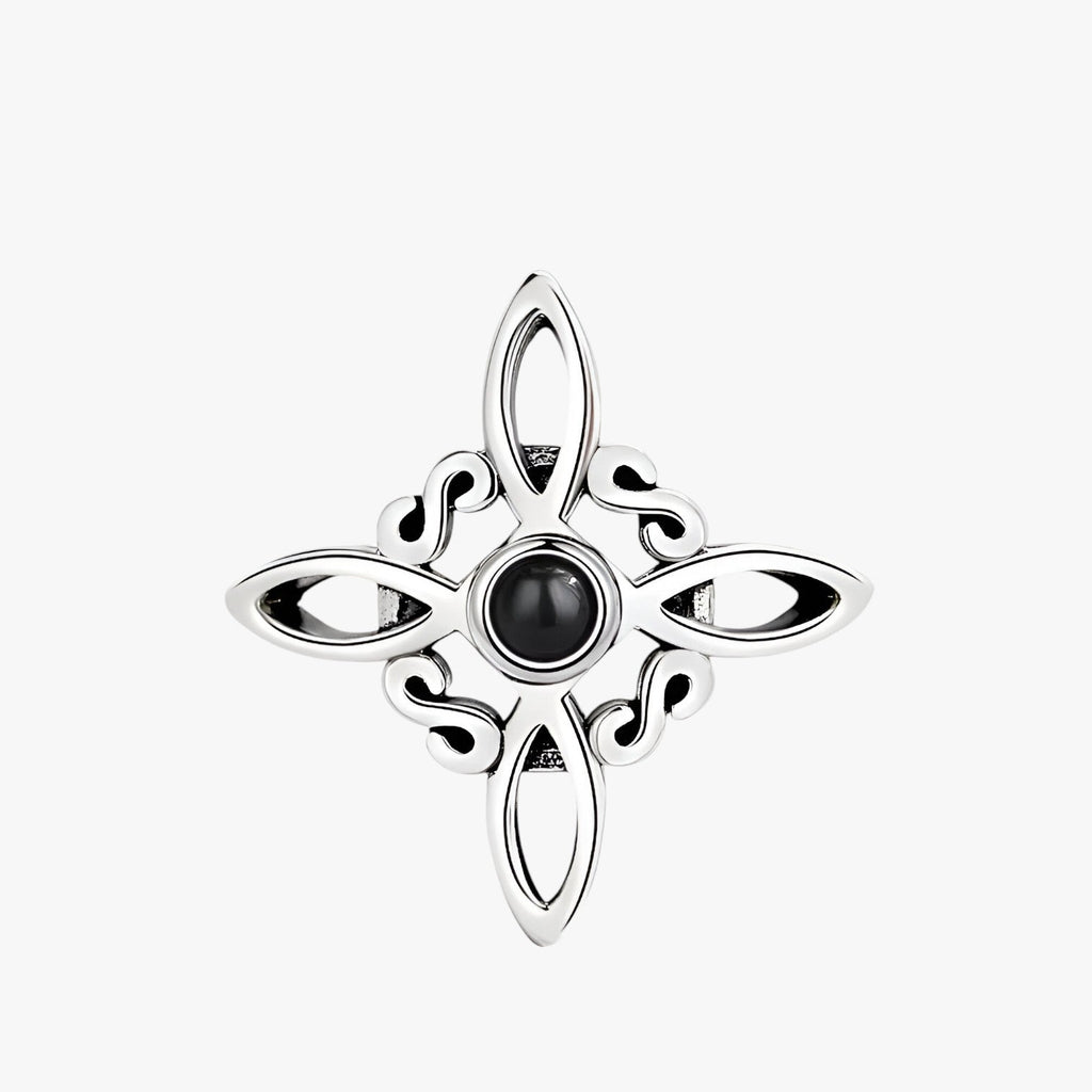Silver-Plated Ring with Black Stone and Knot Symbol