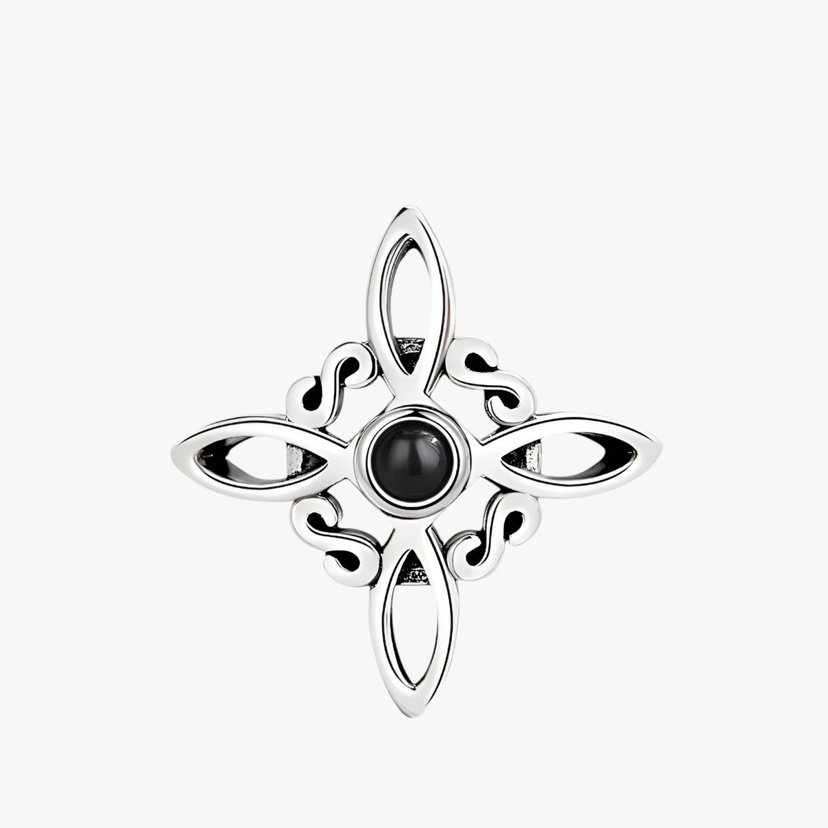 Silver-Plated Ring with Black Stone and Knot Symbol