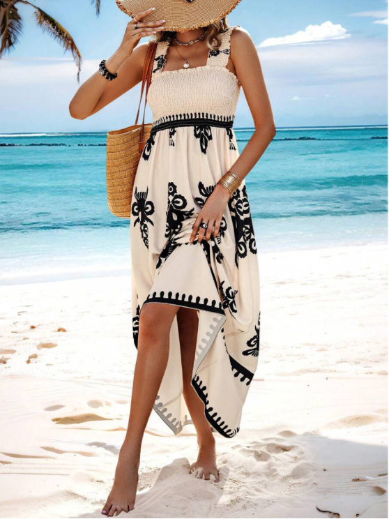 Smocked Bodice Printed Ruffle Hem Maxi Dress