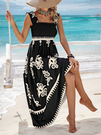 Smocked Bodice Printed Ruffle Hem Maxi Dress