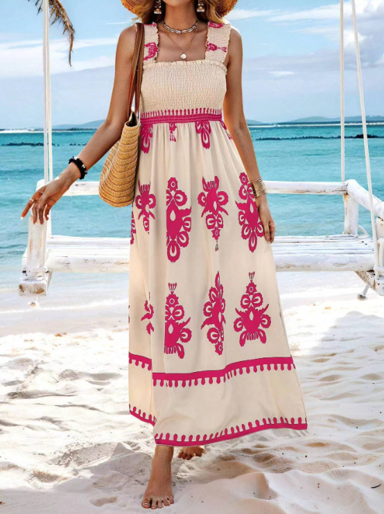 Smocked Bodice Printed Ruffle Hem Maxi Dress
