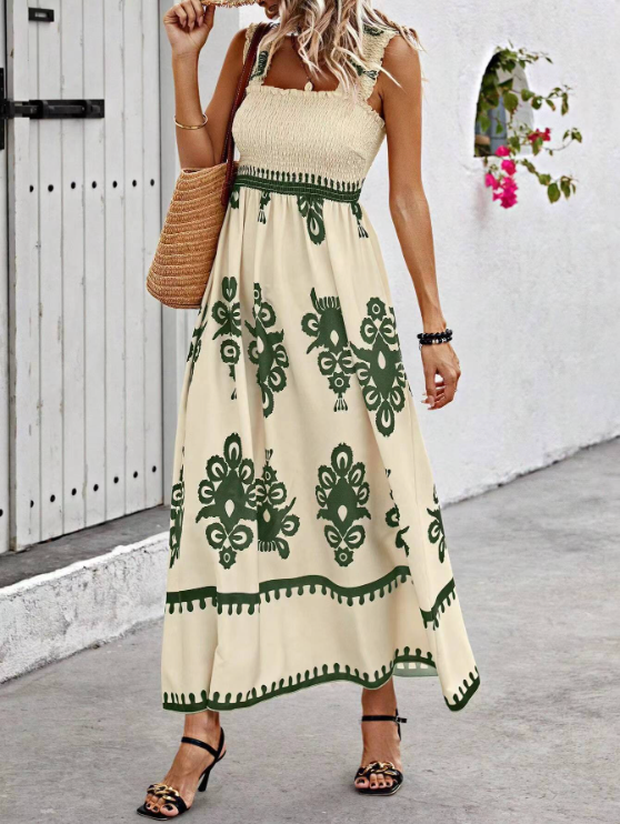 Smocked Bodice Printed Ruffle Hem Maxi Dress