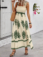 Smocked Bodice Printed Ruffle Hem Maxi Dress