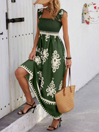 Smocked Bodice Printed Ruffle Hem Maxi Dress