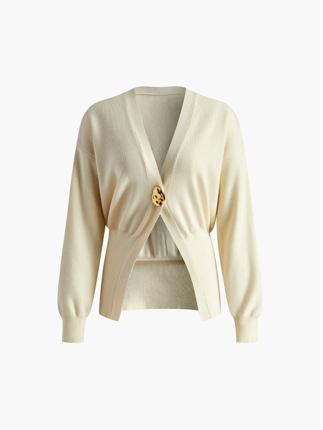 V-Neck Knit Cardigan with Gold-Tone Button Placket