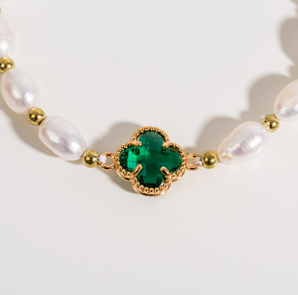 Emerald-Look Cloverleaf and Pearl Bracelet