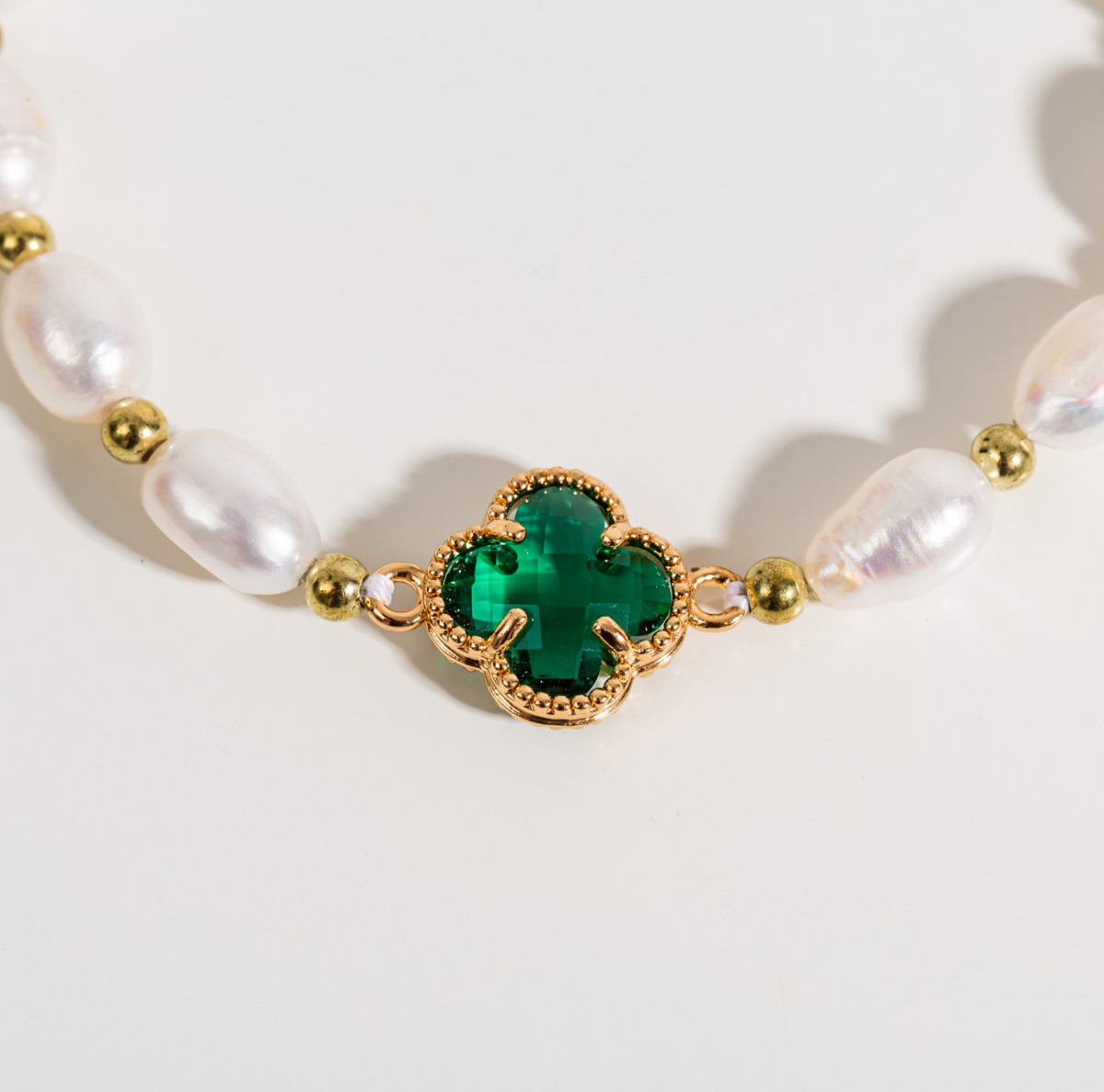 Emerald-Look Cloverleaf and Pearl Bracelet