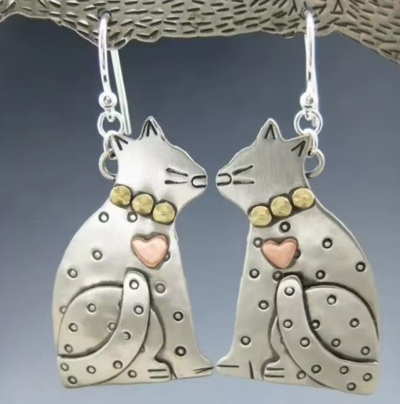 Silver-Tone Kissing Cats Drop Earrings