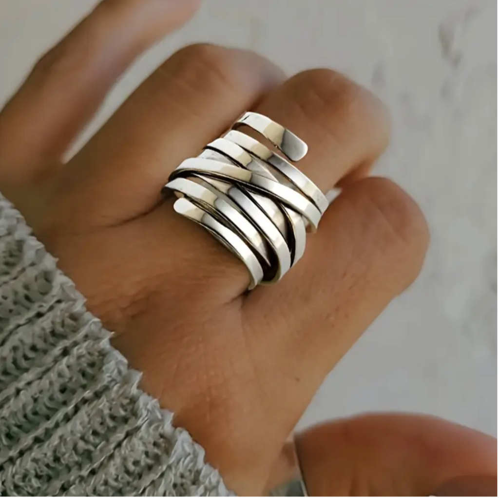 Vintage-Style Thick Layered Silver-Tone Ring