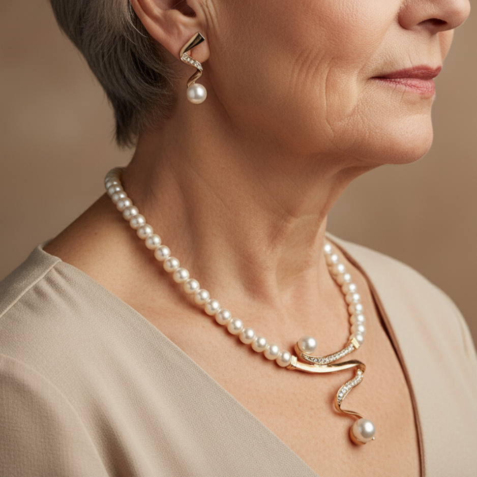 Set van parelketting en oorhangers met goudkleurige golf