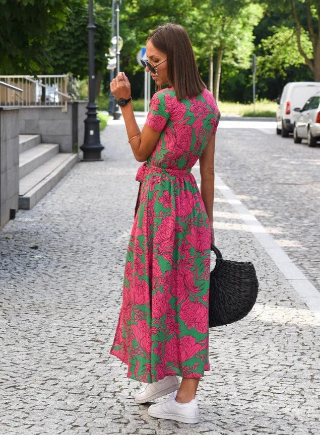 Wrap Front Tie Waist Short Sleeve Maxi Dress