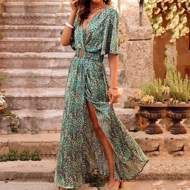 Lightweight V-Neck Wrap Short Sleeve Maxi Dress