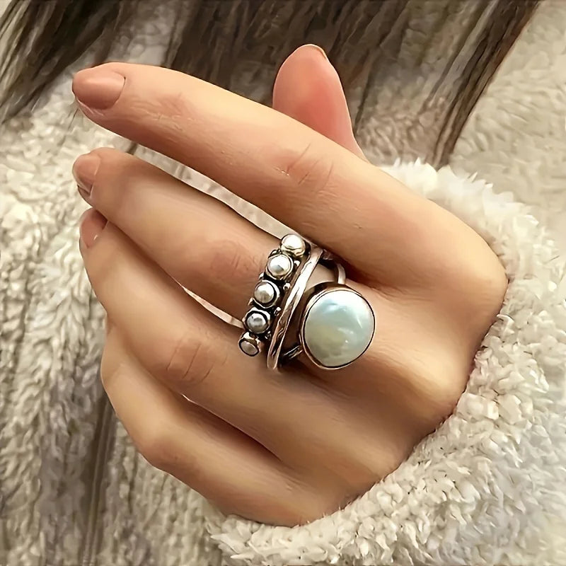 Classic Pearl and Silver-Tone Multi-Band Ring