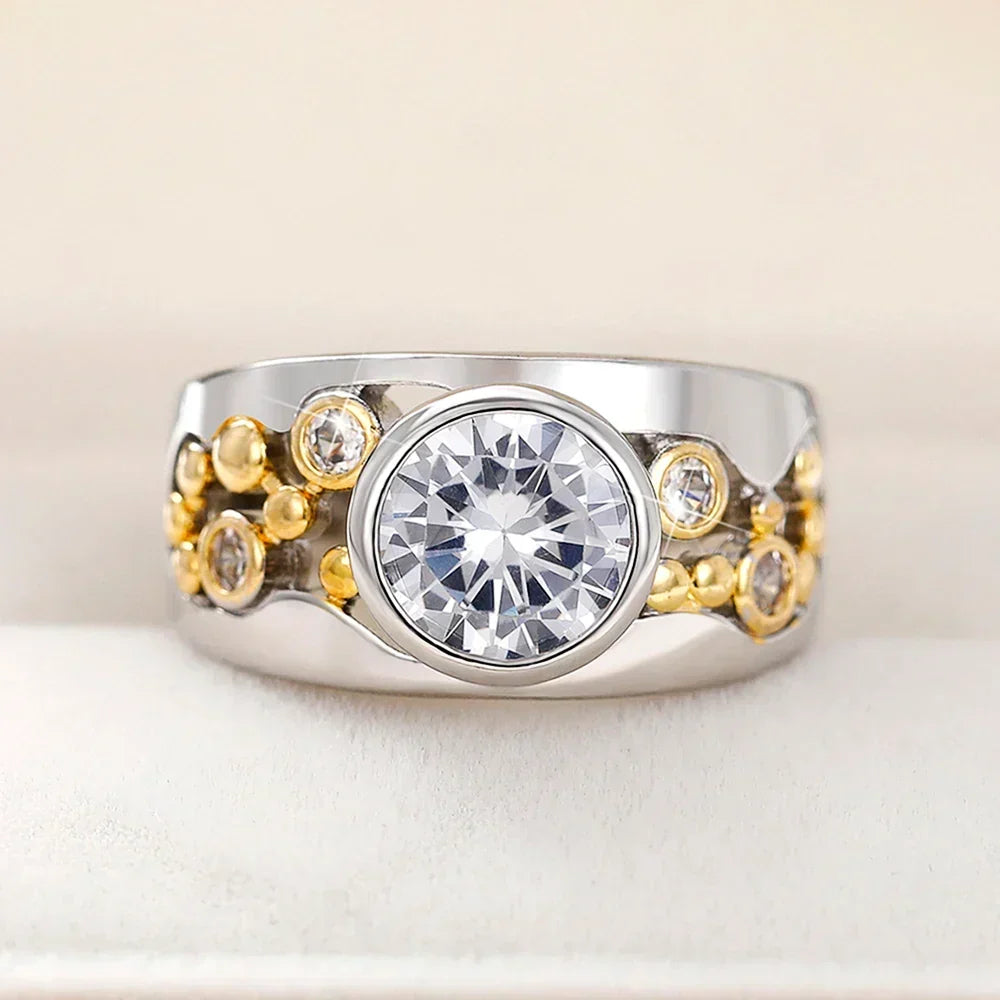 Vintage-Style Inlaid Zirconia Two-Tone Ring