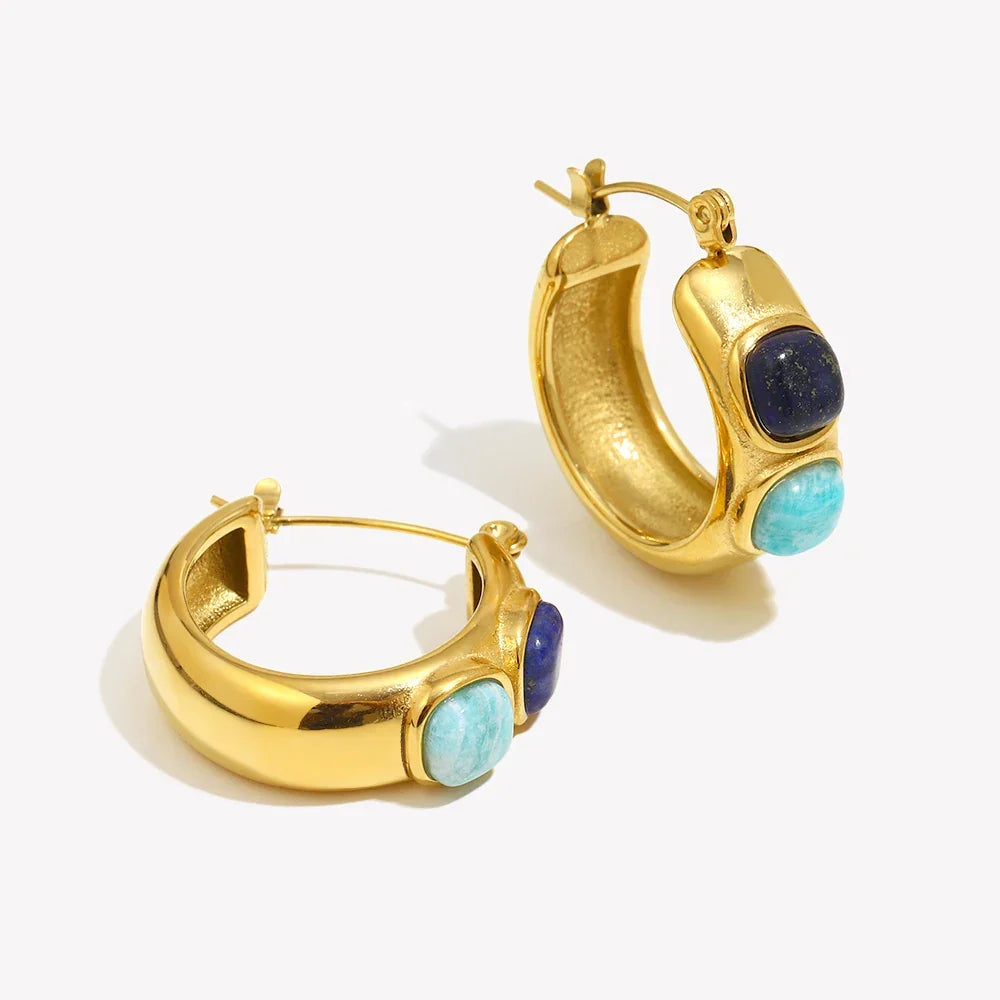 Turquoise and Blue Stone Huggie Earrings