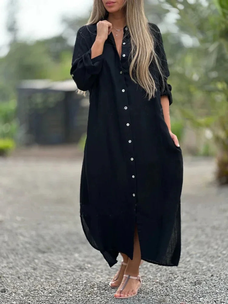 Button-Front Collared Long Sleeve Shirt Maxi Dress