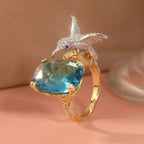 Adjustable 14K Gold-Plated Hummingbird Ring with Aquamarine-Colour Stone
