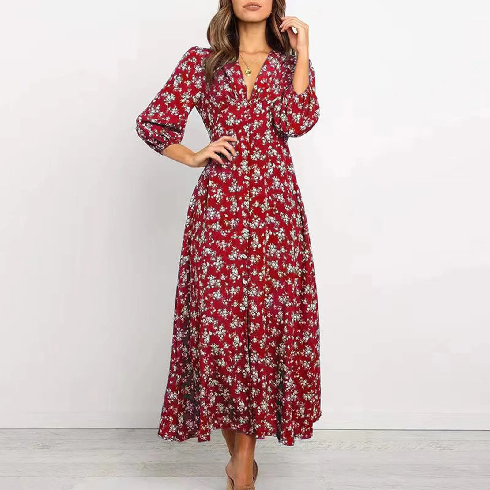 All-Over Floral Print Long Sleeve Maxi Dress