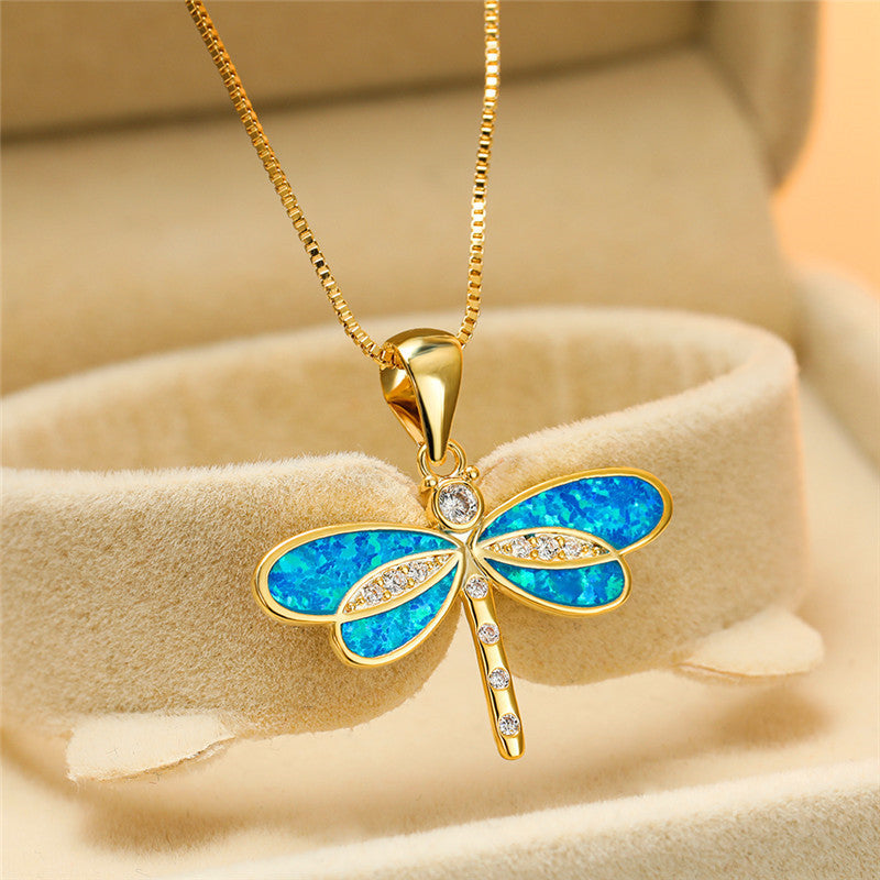 Gold-Tone Dragonfly Necklace with Opal-Look Stone