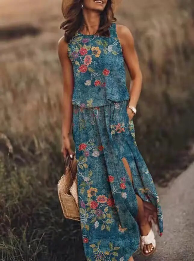 Graphic Floral Print Sleeveless Maxi Dress