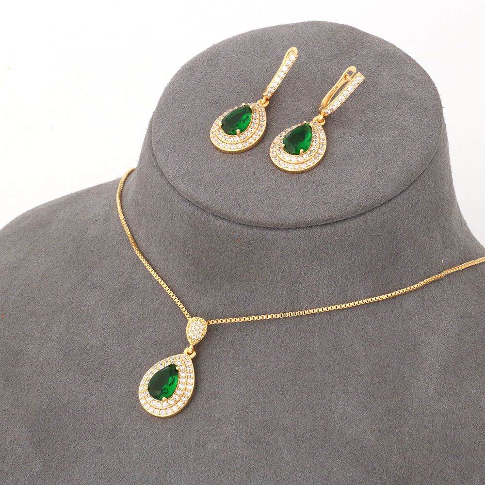 Green Pear Stone Pendant and Earrings Set