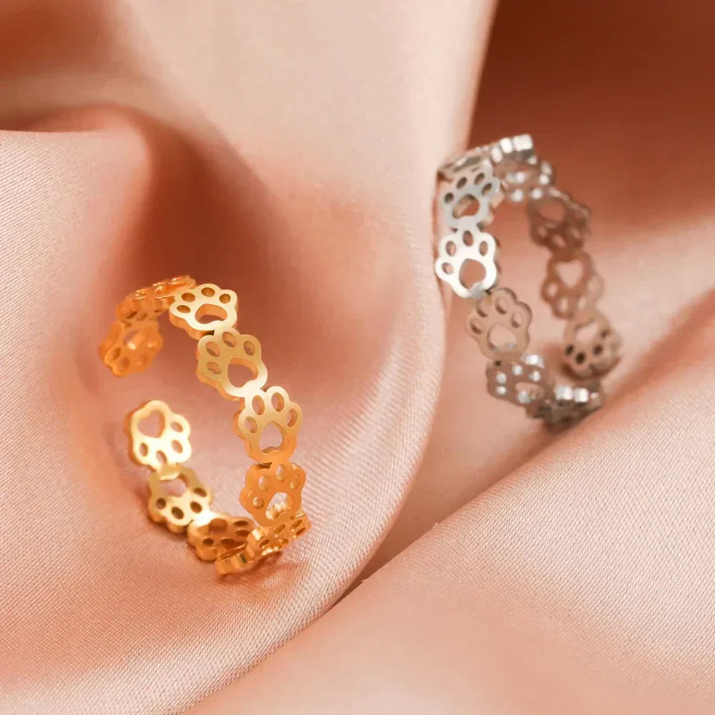 Adjustable Stainless Steel Paw Print Ring