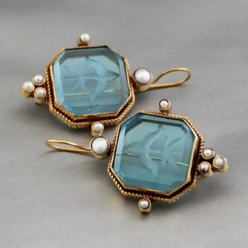 Vintage-Style Geometric Pearl Pendant Drop Earrings