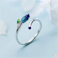 Adjustable Silver-Tone Leaf Ring with Blue Enamel