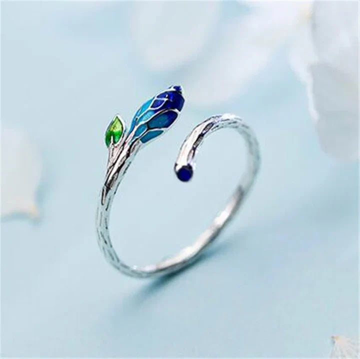 Adjustable Silver-Tone Leaf Ring with Blue Enamel