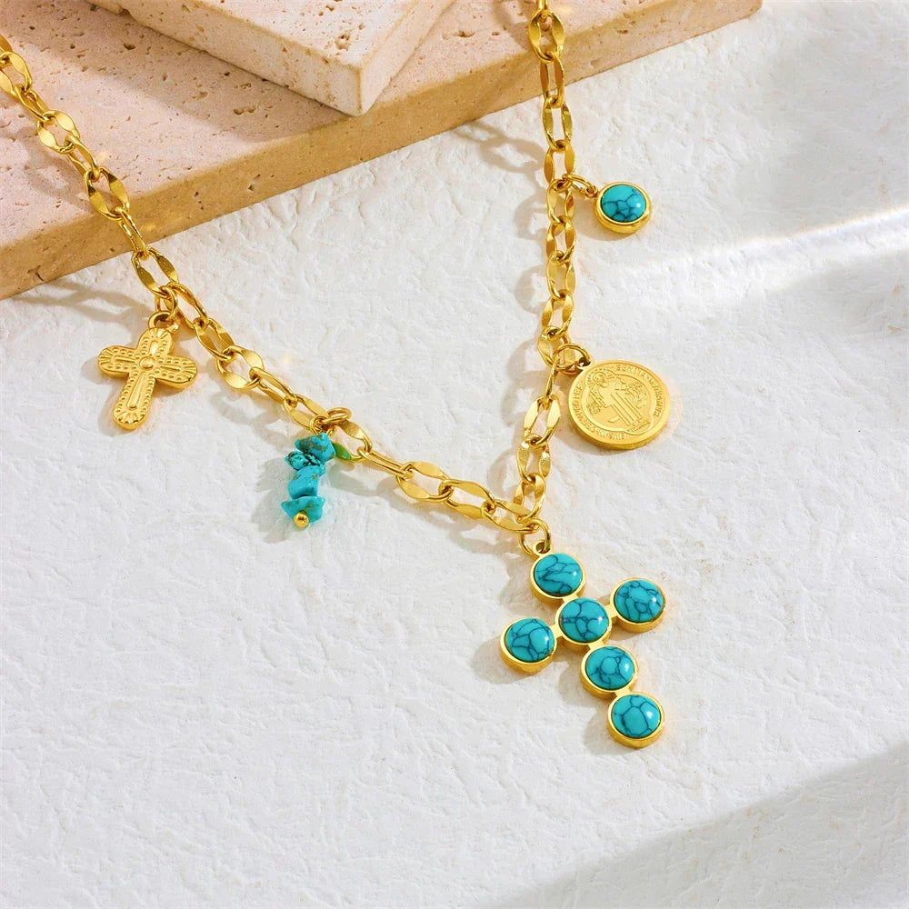 Roestvrijstalen ketting met turquoise kruis