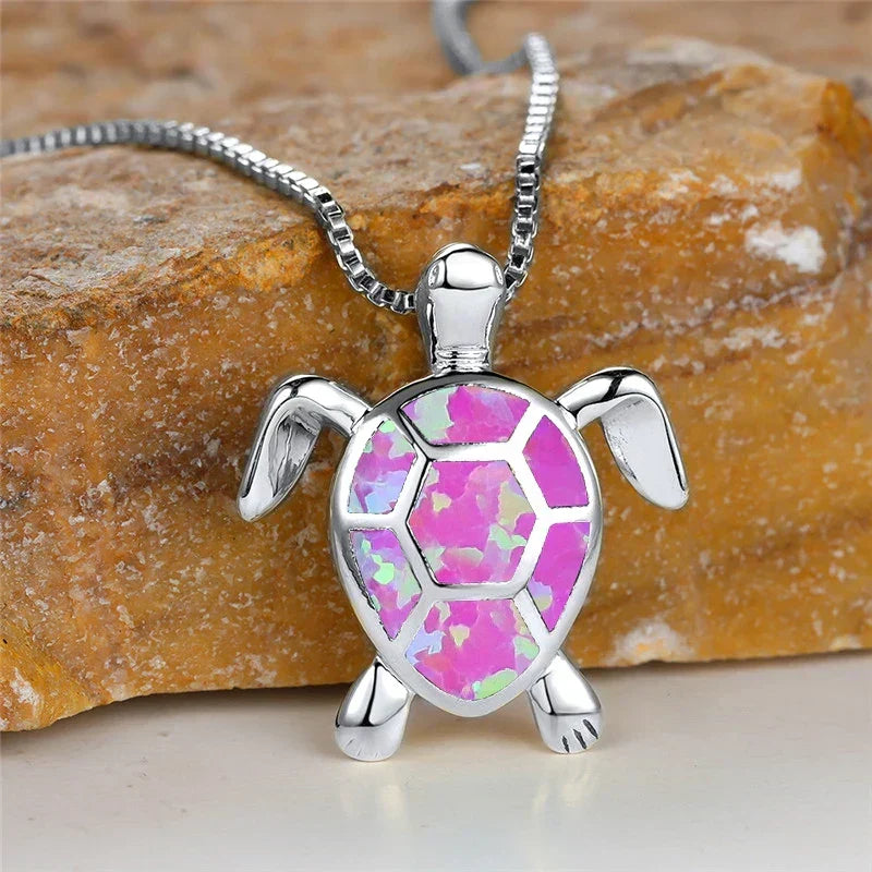 Vintage Fire Opal-Look Turtle Pendant Necklace
