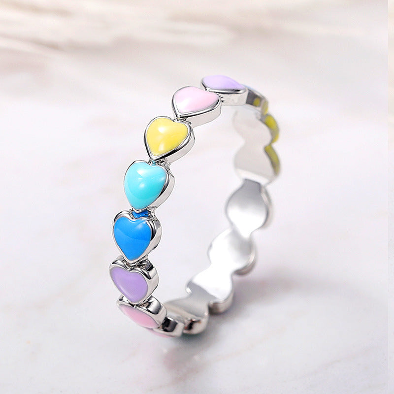 Rainbow Hearts Ring in 925 Sterling Silver and Hand-Painted Enamel