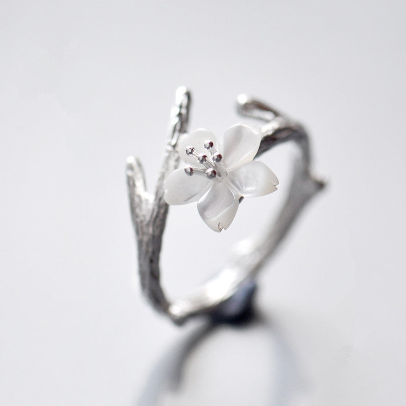 Adjustable White Flower Ring on Branch-Style Band