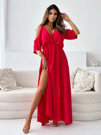 Cold Shoulder Wrap Front V-Neck Maxi Dress