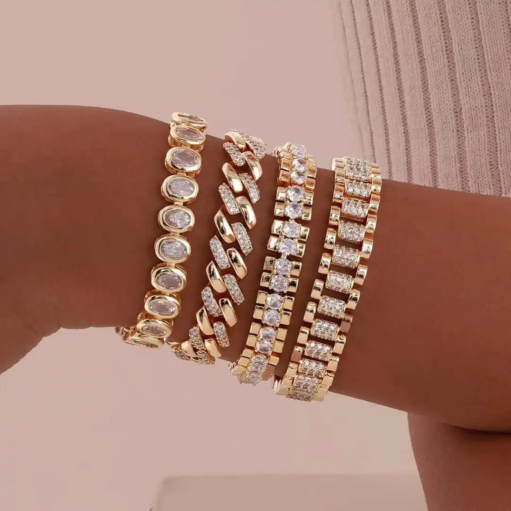 Chunky Gold-Tone Cubic Zirconia Adjustable Bracelet Set