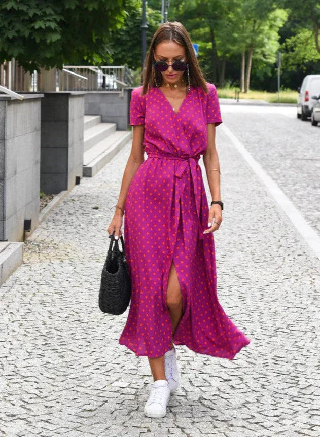 Wrap Front Tie Waist Short Sleeve Maxi Dress