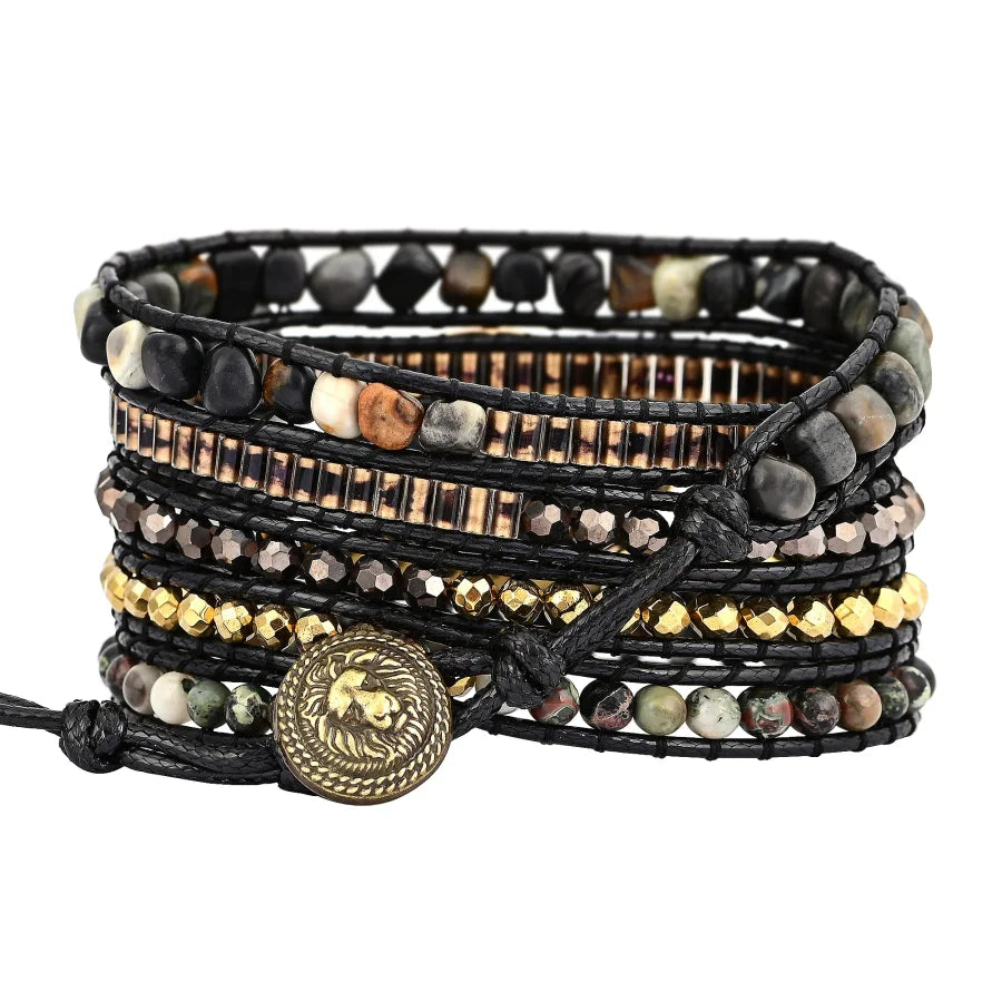 Black Labradorite and Picasso Jasper Beaded Wrap Bracelet