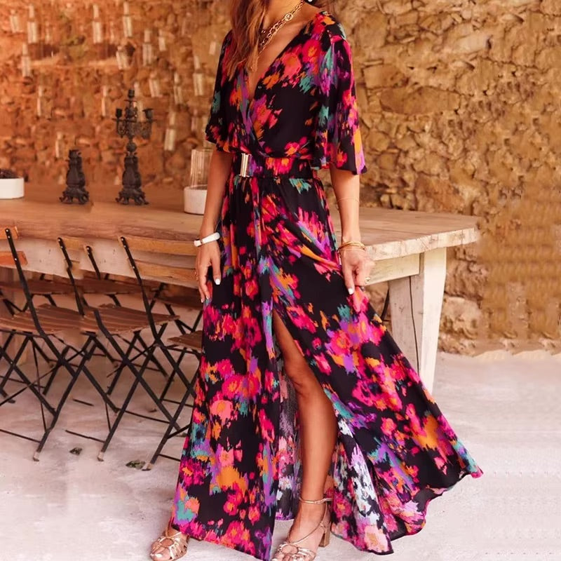 Lightweight V-Neck Wrap Short Sleeve Maxi Dress