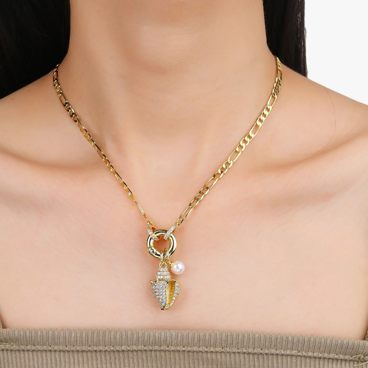 Wing and Shell Flower Pendant Necklace, Fine Chain