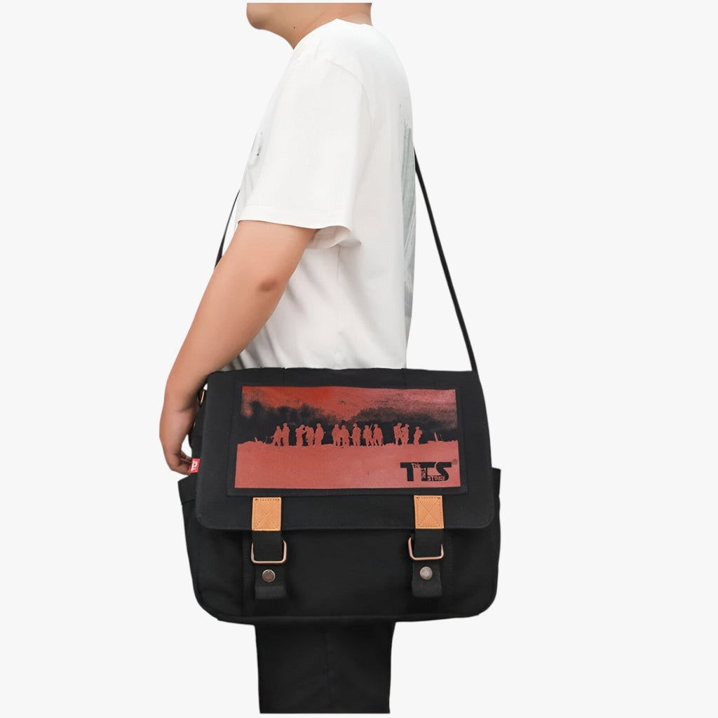 Grote vintage canvas laptopschoudertas met binnenvakken
