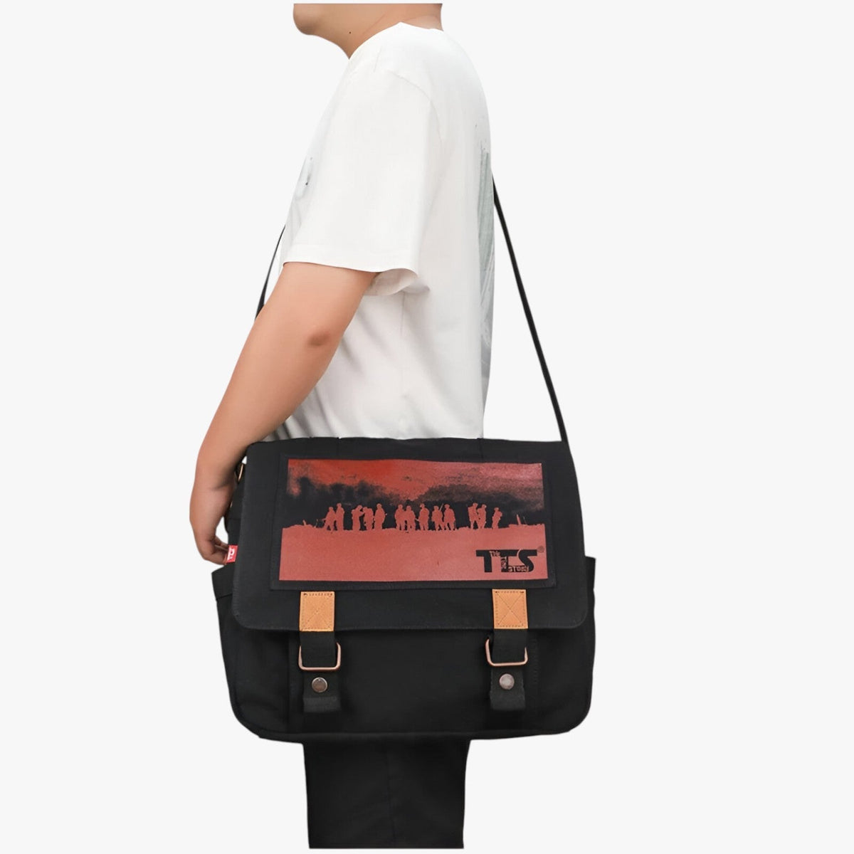 Grote vintage canvas laptopschoudertas met binnenvakken