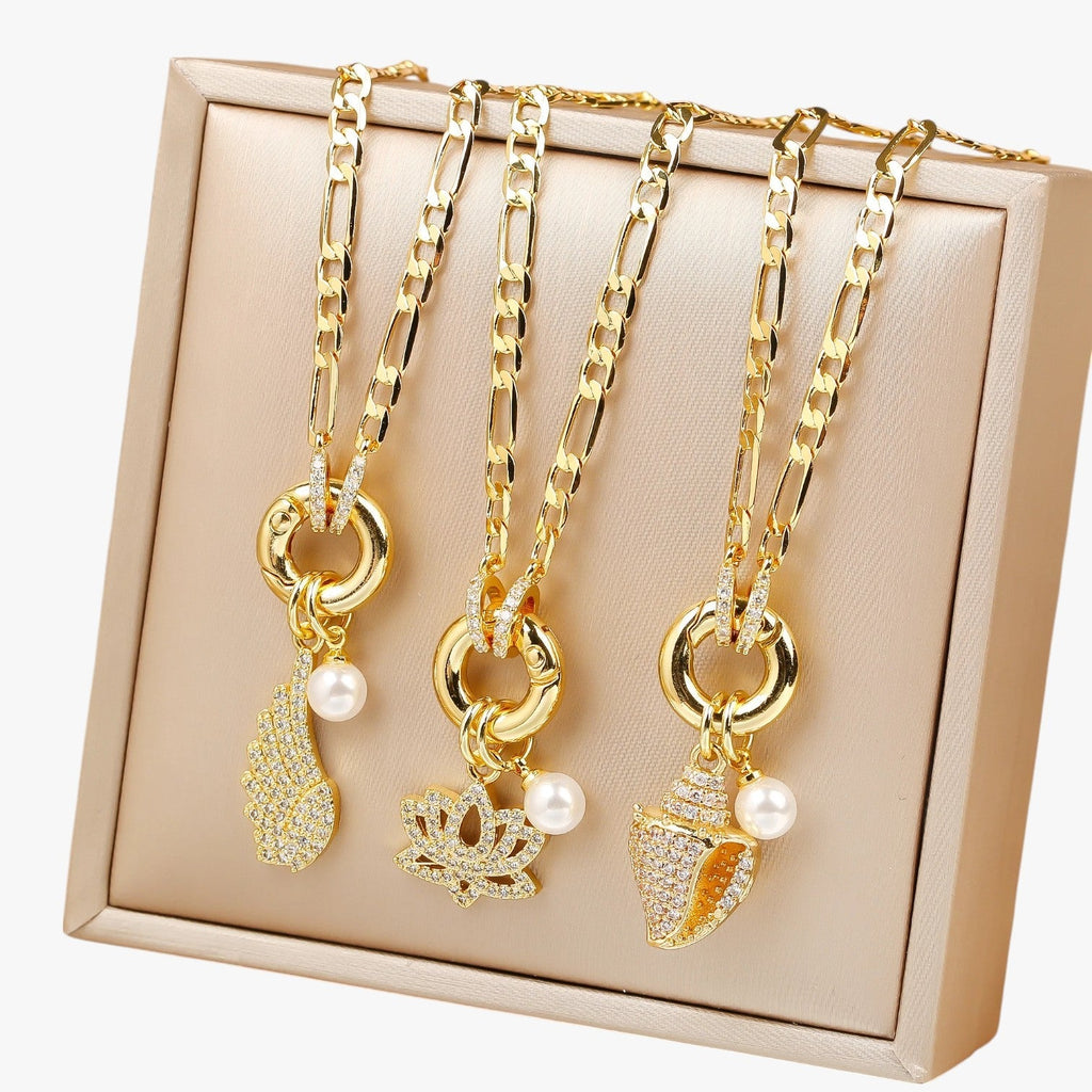 Wing and Shell Flower Pendant Necklace, Fine Chain