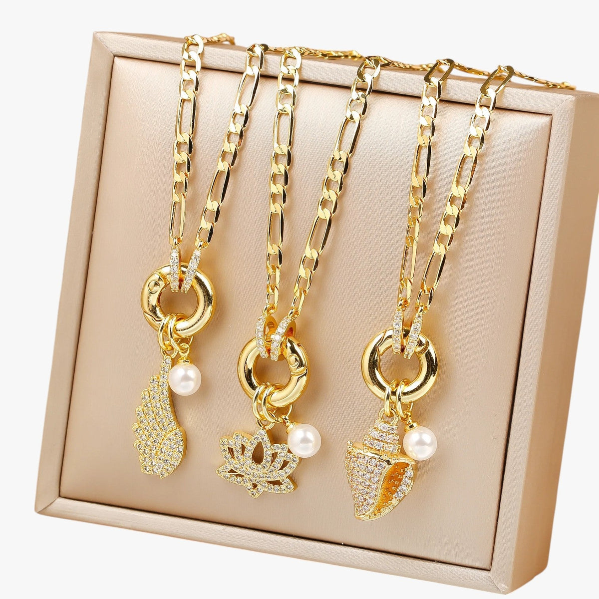 Wing and Shell Flower Pendant Necklace, Fine Chain