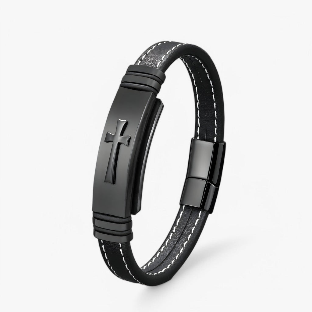 Geweven leren armband met kruisdetail, zwart en goud