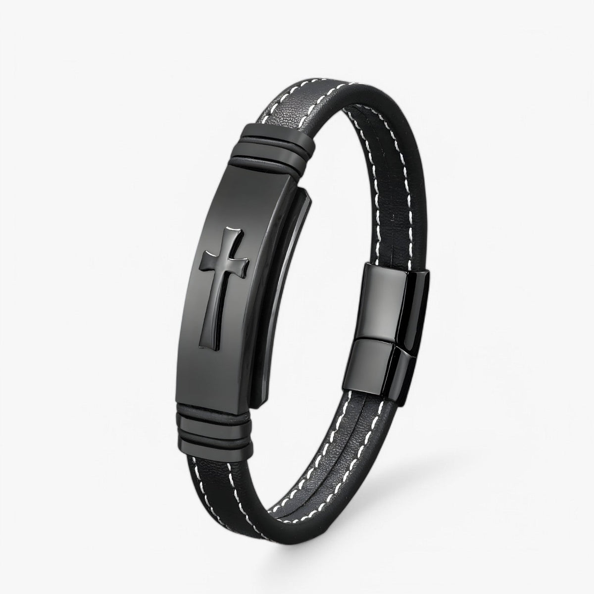 Geweven leren armband met kruisdetail, zwart en goud