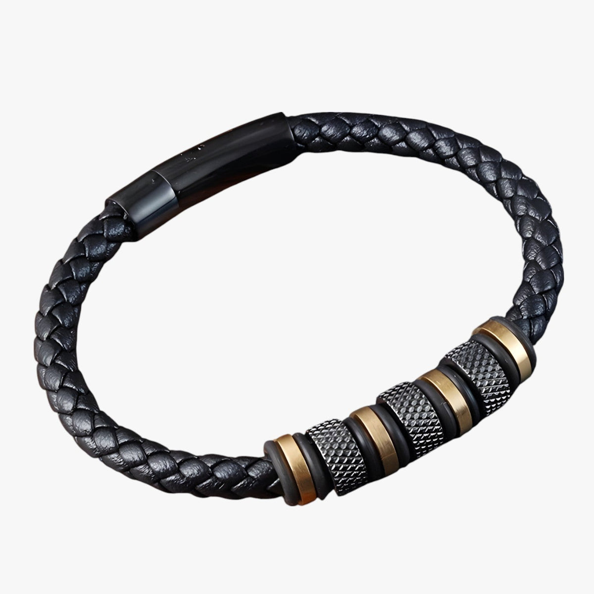 Braided Leather Bracelet with Steel Bead Detail