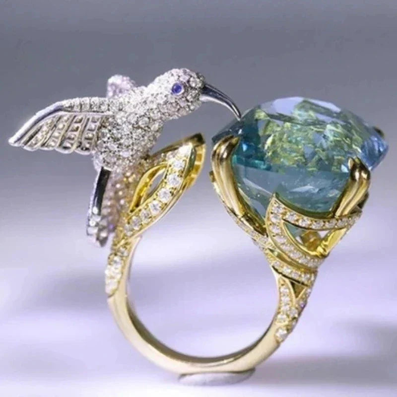 Adjustable 14K Gold-Plated Hummingbird Ring with Aquamarine-Colour Stone