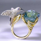 Adjustable 14K Gold-Plated Hummingbird Ring with Aquamarine-Colour Stone